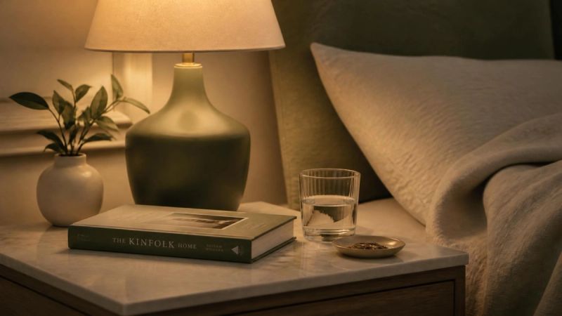 A bedside table with a book, lamp, and glass of water, representing a calming evening routine