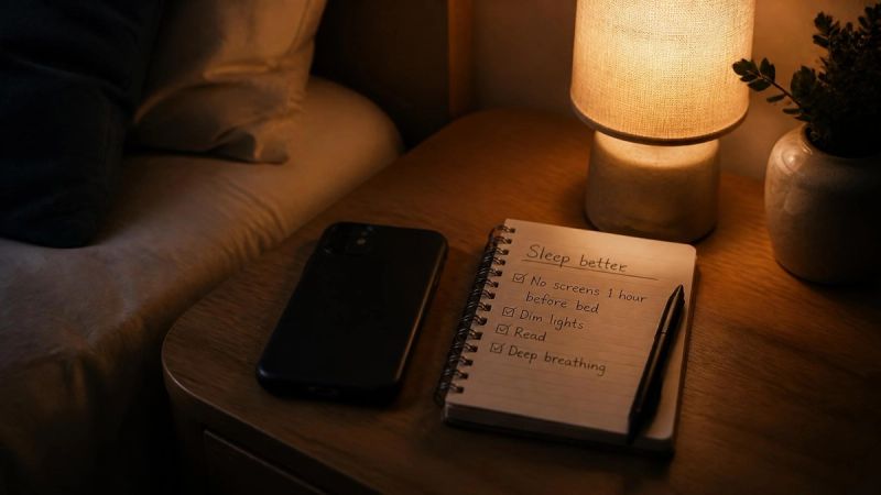 A bedside clock turned face down and a notebook on a nightstand.