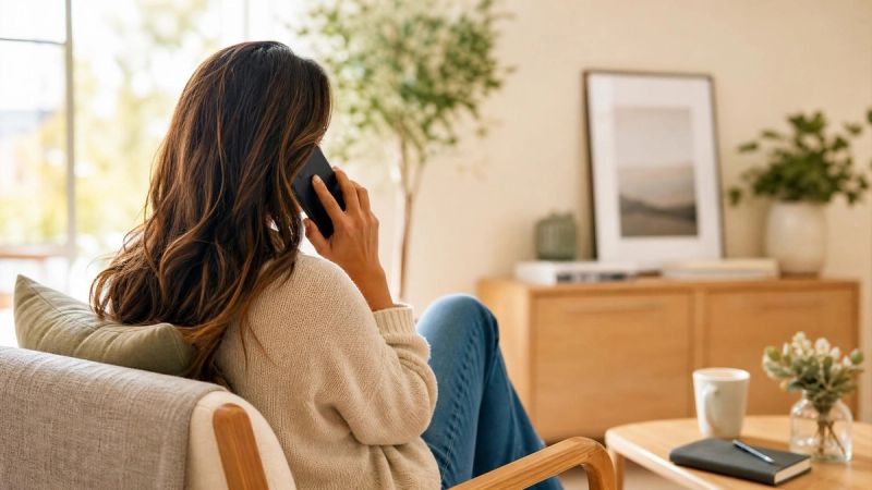 A person making a phone call in a bright room, representing reaching out for professional help with ADHD and anxiety.