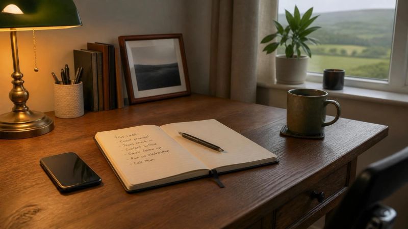 A landline phone and a notebook on a desk, ready to make a call