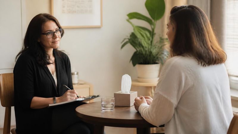 A therapist and client talking across a small table with a notepad.