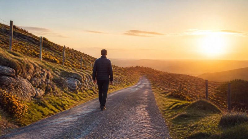 A person walking along a quiet Irish country path at sunrise, symbolising a way forward