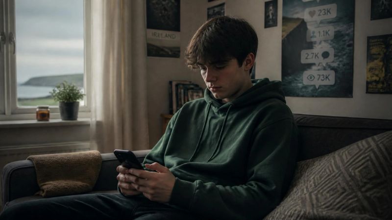 A young person scrolling on a phone, surrounded by social media imagery