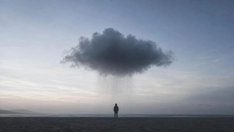 A dark storm cloud over a small figure, representing negative self-talk and distorted thinking