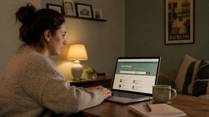 A person searching for therapy options on a laptop at home