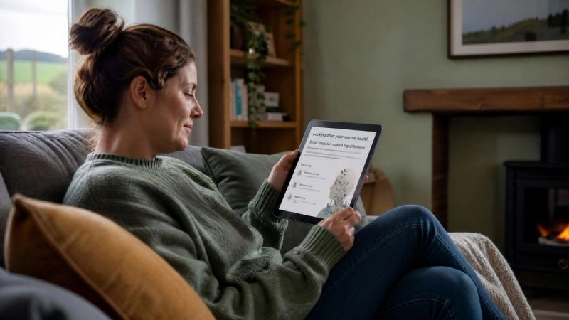 A person reading mental health information on a tablet at home