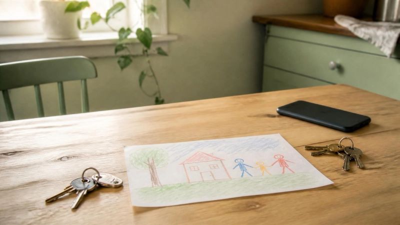 Two sets of house keys and a child's drawing on a kitchen table