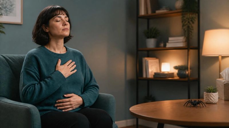 A person taking a deep breath while looking at a feared object, representing graduated exposure therapy