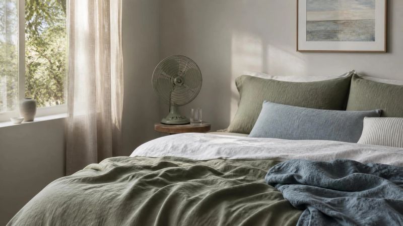 A bedroom with soft sheets and a fan, representing temperature control for menopause night sweats
