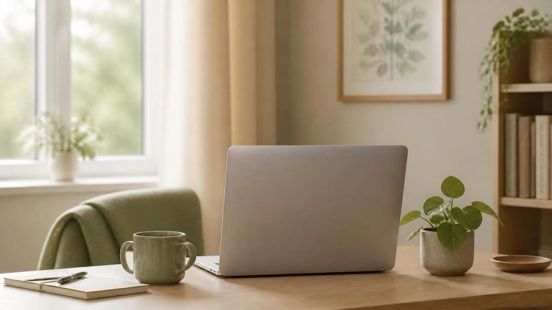 A laptop showing a video therapy session on a home desk, representing therapy support for workplace stress