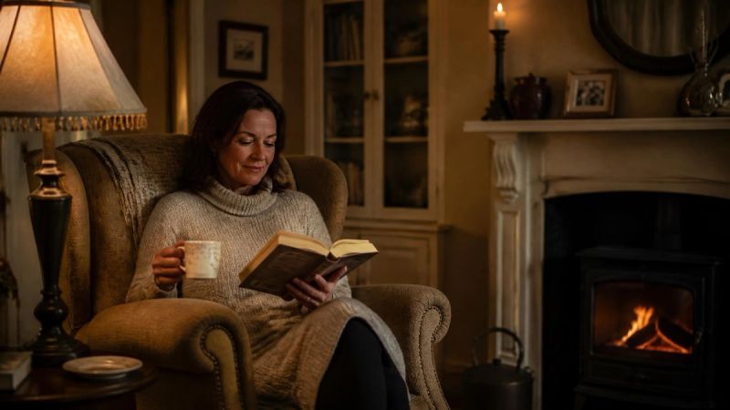 A person sitting in a comfortable armchair with a cup of tea, reading, in a warm room