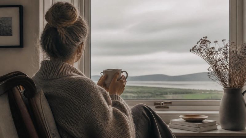 A woman looking out a window with a cup of tea, representing the mental health symptoms of perimenopause