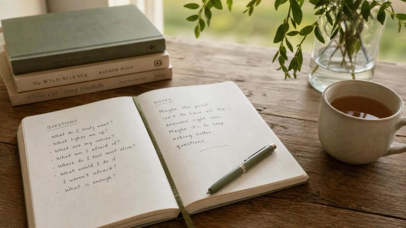 An open notebook with a pen and cup of tea, representing reflection and questions after a breakup