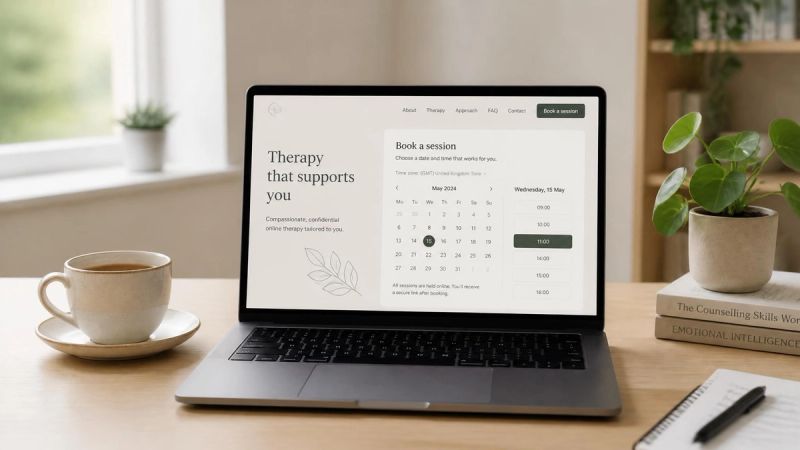 A clean minimalist desk with a laptop showing a therapy session booking page and a cup of tea