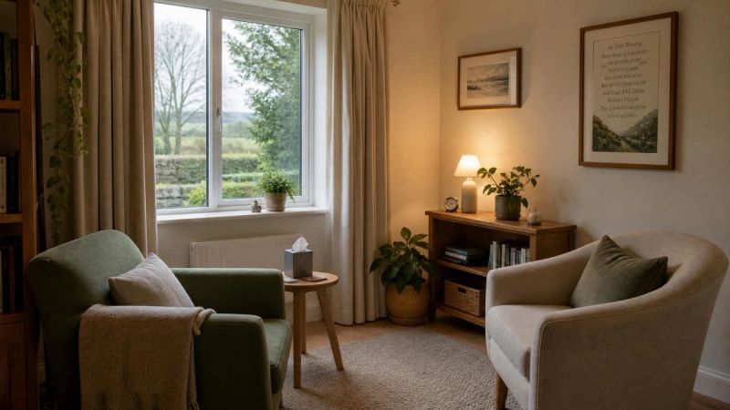 A quiet Irish therapy room with two chairs and soft light