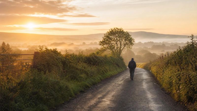 A lone figure walking along a peaceful Irish country lane at dawn, symbolising hope and self-acceptance after understanding adult ADHD.
