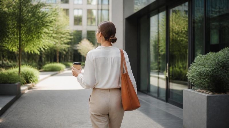 A woman taking a short walk outside an office building during a break