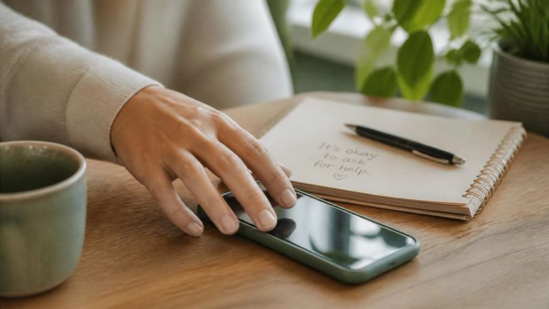 A hand reaching toward a phone on a table, representing the decision to seek help for needle phobia