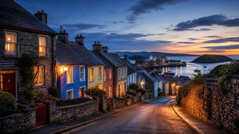 A quiet Irish village street at dusk with warm window lights