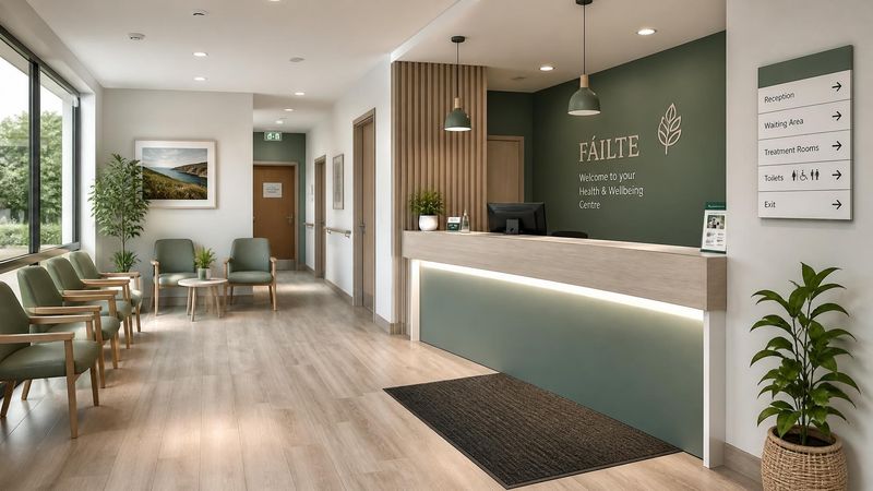 A modern Irish healthcare building exterior or GP surgery waiting area