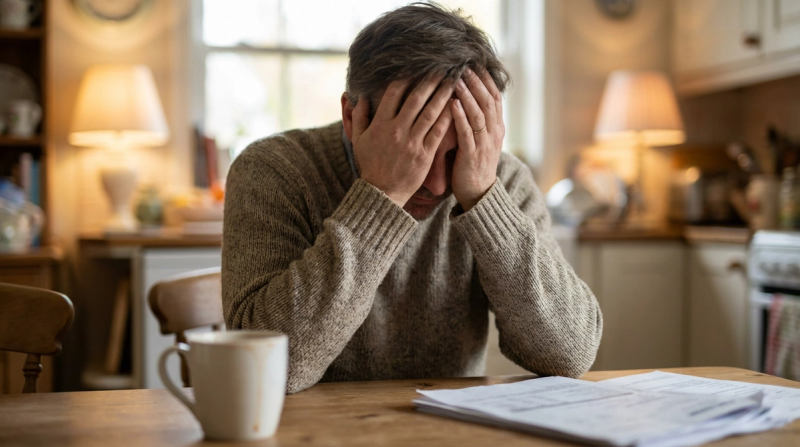 Parent resting head in hands at kitchen table, showing exhaustion and worry