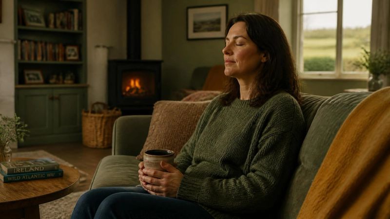 A person sitting quietly in a room, taking a moment to breathe