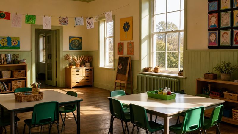 An empty primary school classroom in Ireland with low tables and chairs in the afternoon