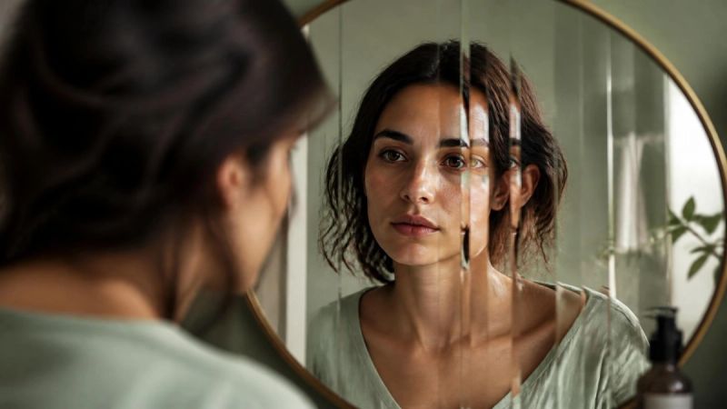 A person looking at their reflection with a distorted, fragmented mirror effect