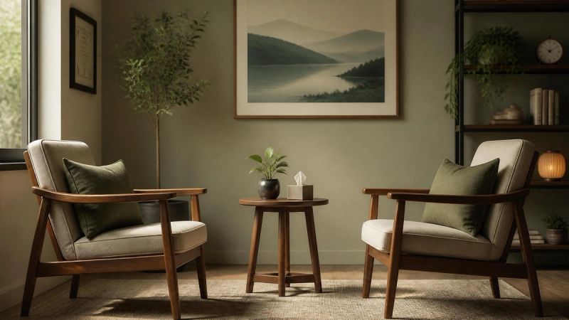 Two empty chairs facing each other across a wooden table, symbolising relationship communication and distance