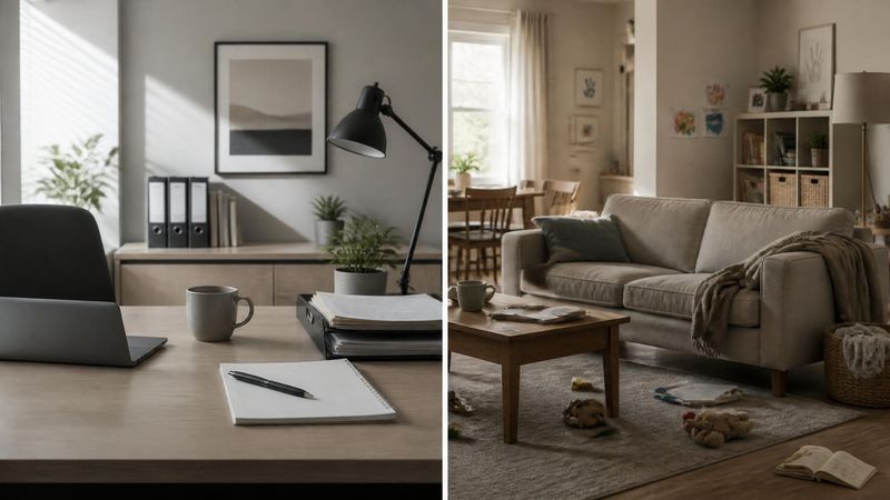 A split scene showing a workplace desk and a domestic setting, representing different anger contexts