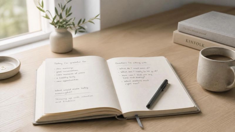 An open journal with a pen on a clean desk, representing self-reflection and questions about imposter syndrome