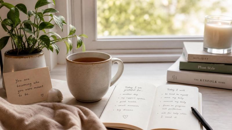 A peaceful morning routine with tea and a journal on a windowsill, representing daily wellbeing