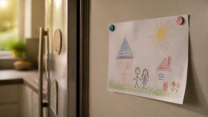 A child's crayon drawing of two houses pinned to a kitchen wall