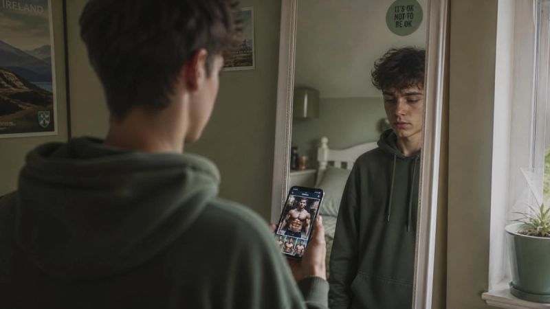 A teenager comparing their reflection to images on a phone screen
