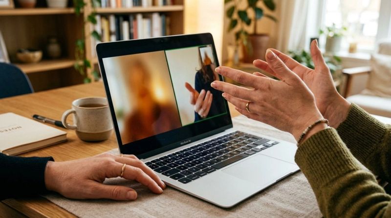 Hands on a video call, symbolising a first online therapy session