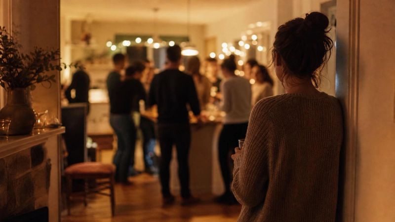 A person standing at the edge of a quiet gathering, looking uncertain