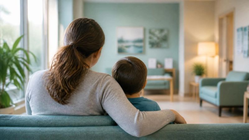 A child and parent sitting together in a calm waiting area, representing childhood needle fear