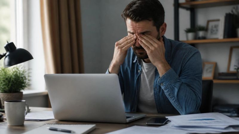 A person rubbing their eyes while working at a desk, showing fatigue and reduced concentration