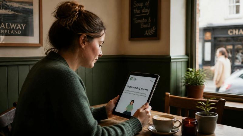 A person reading mental health information on a tablet at a cafe