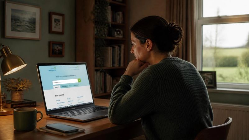 A person sitting at a desk with a laptop, looking up questions online