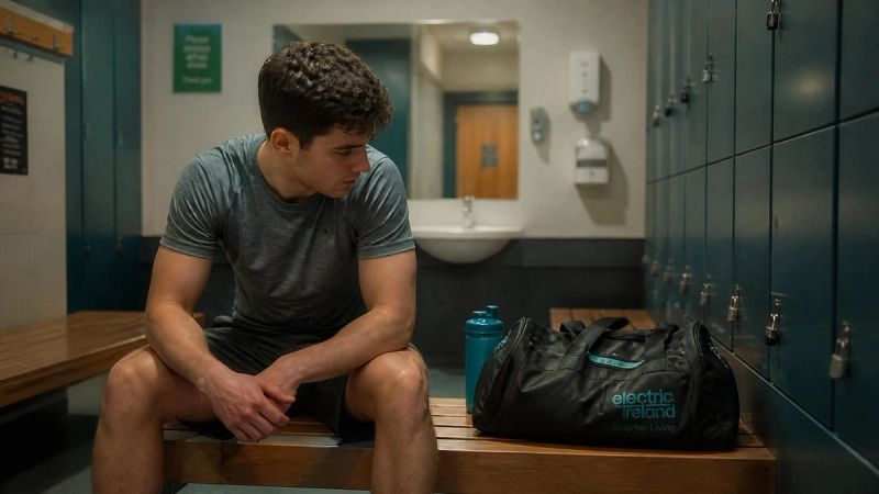 A young man looking thoughtfully at a gym bag