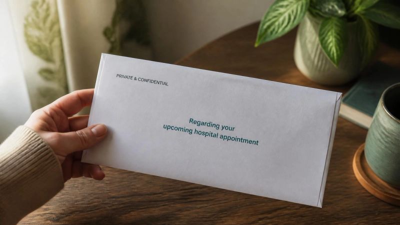 A hand holding a medical appointment letter on a wooden table, representing avoided healthcare