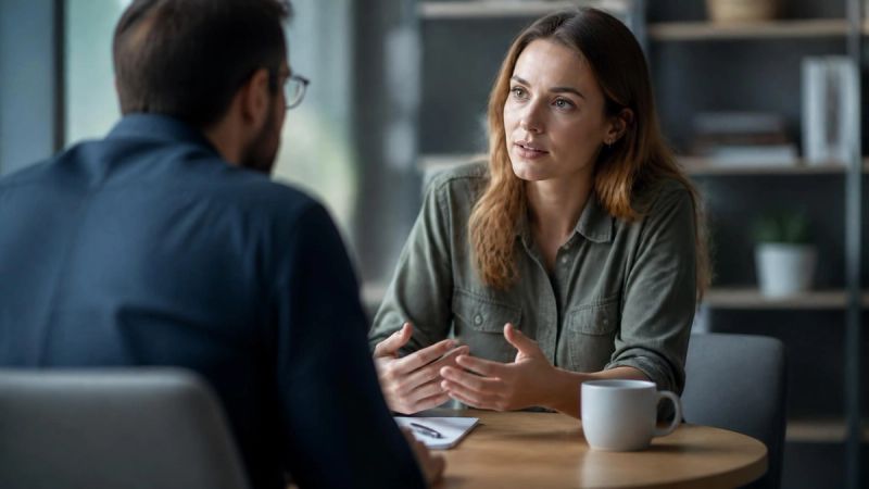 Two people having a private conversation in an office, representing talking to an employer about menopause