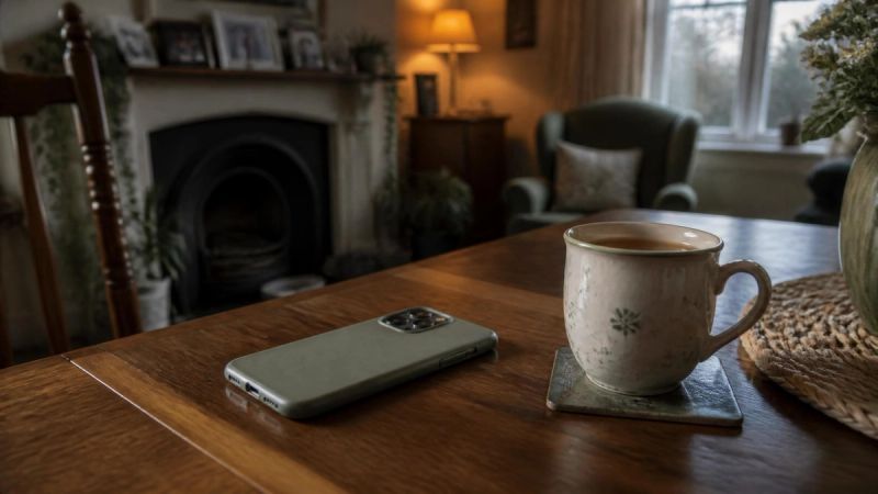 A phone lying face down on a table beside a cup of tea, evening light