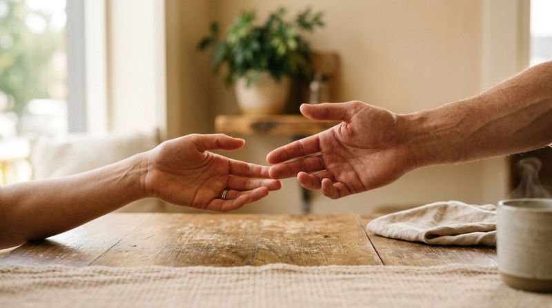 Two hands reaching toward each other across a table, symbolising hope for closeness after trauma
