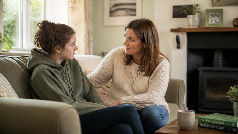 A parent and teenager sitting together on a sofa, having a quiet conversation