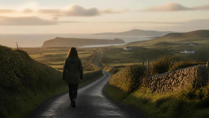 A person walking on a quiet Irish country lane, representing longer-term emotional stability strategies