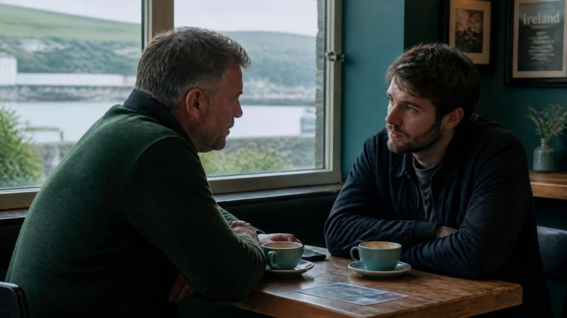 Two male friends having a serious conversation over coffee