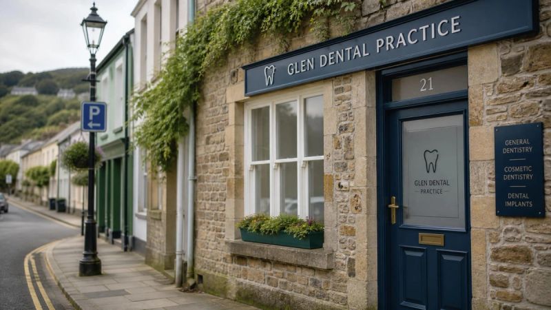 An Irish street view with a dental practice sign or building, representing dental services in Ireland
