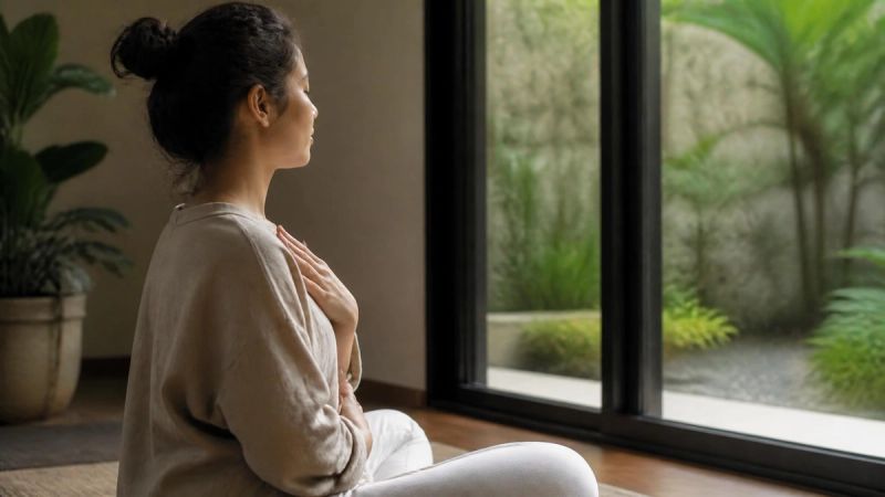 A person practising breathing exercises with eyes closed in a calm space, representing relaxation techniques for flying anxiety